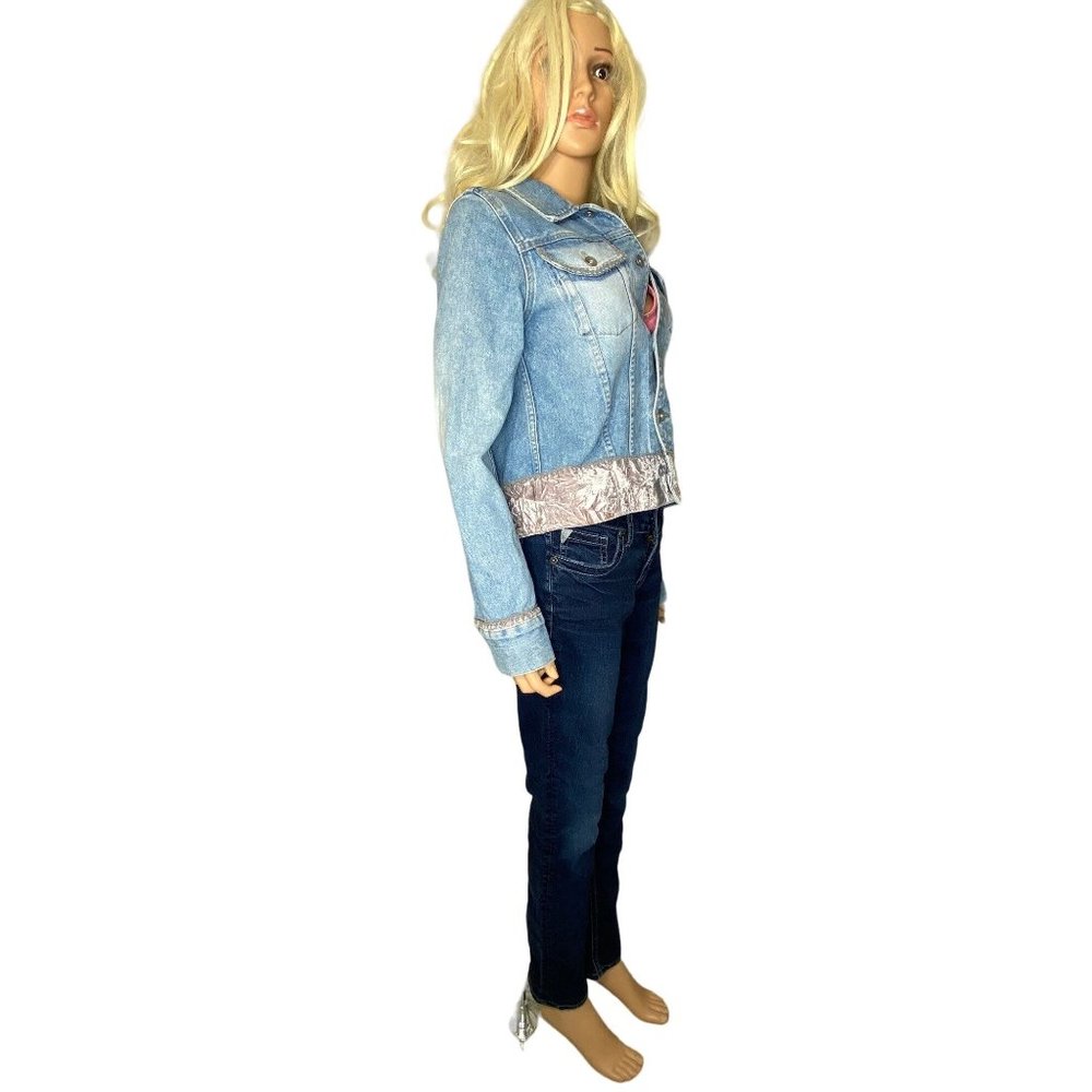Vintage 90s DKNY Denim Jeans Jacket w/ Silver Pink Velvet Trim Medium - Picture 7 of 16